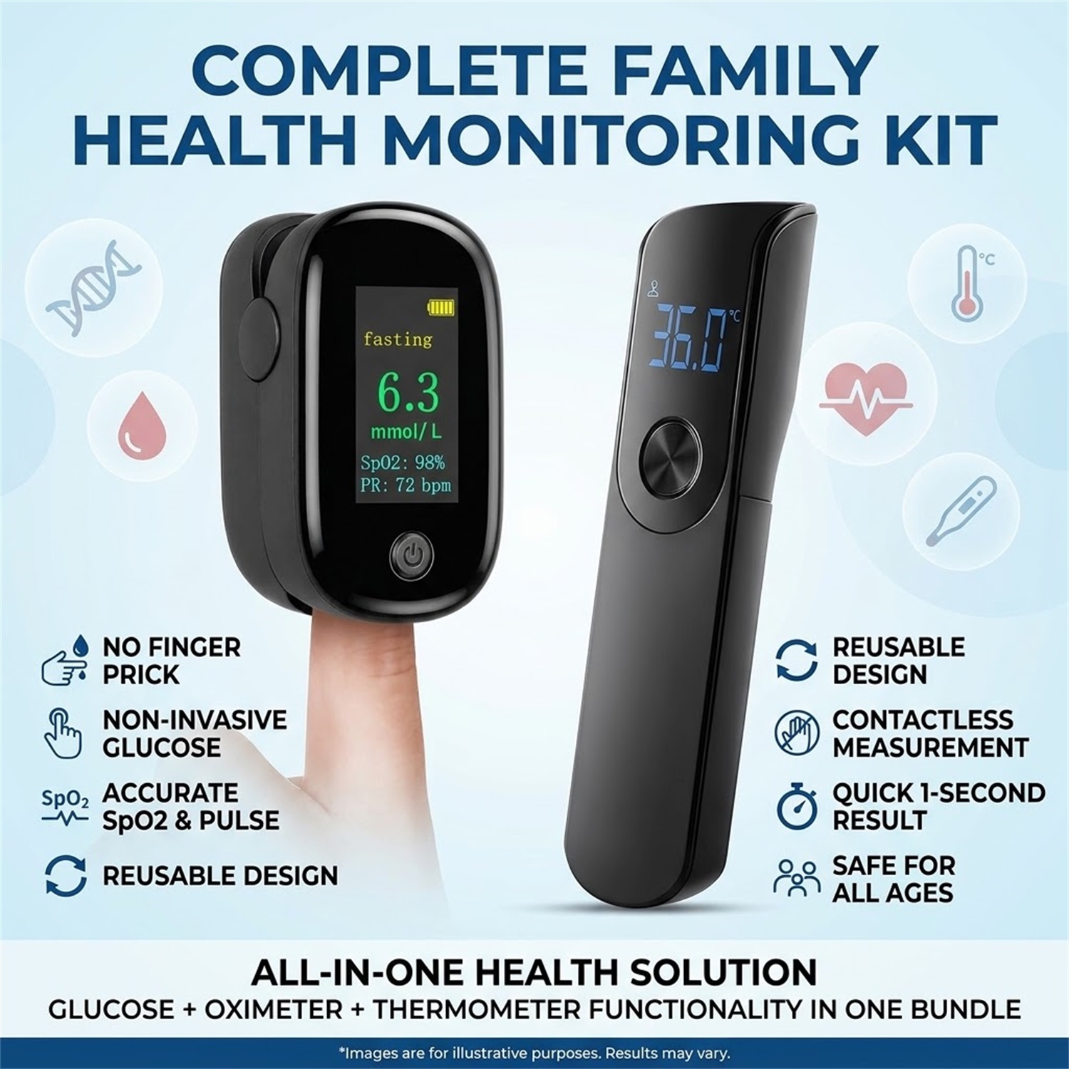 Pulse Oximeter - مجموعة مراقبة الصحة 3 في 1،